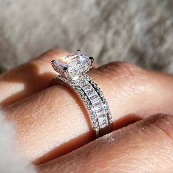 14k White Gold Diamond Ring Baguette & Emerald Cut Ring Band - Picture 5 of 10